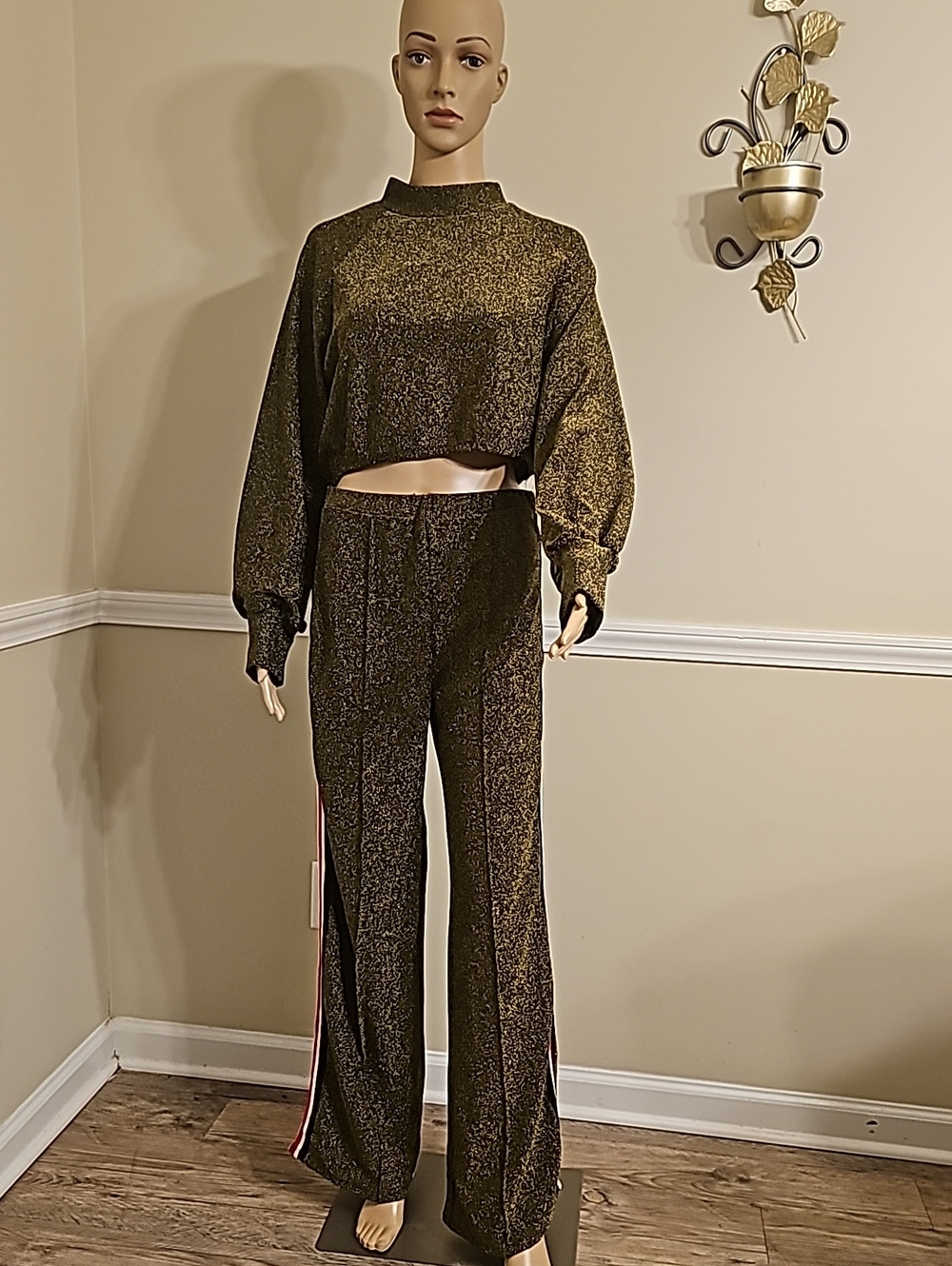 Fashion Nova Metallic Olive Green Wide-Leg Jumpsuit Set